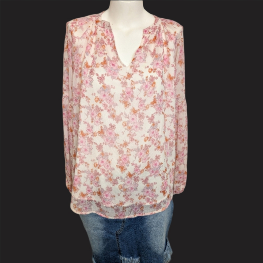 Blouse Pink Bohemian Long Sleeve Style Floral Women's Top  Size L